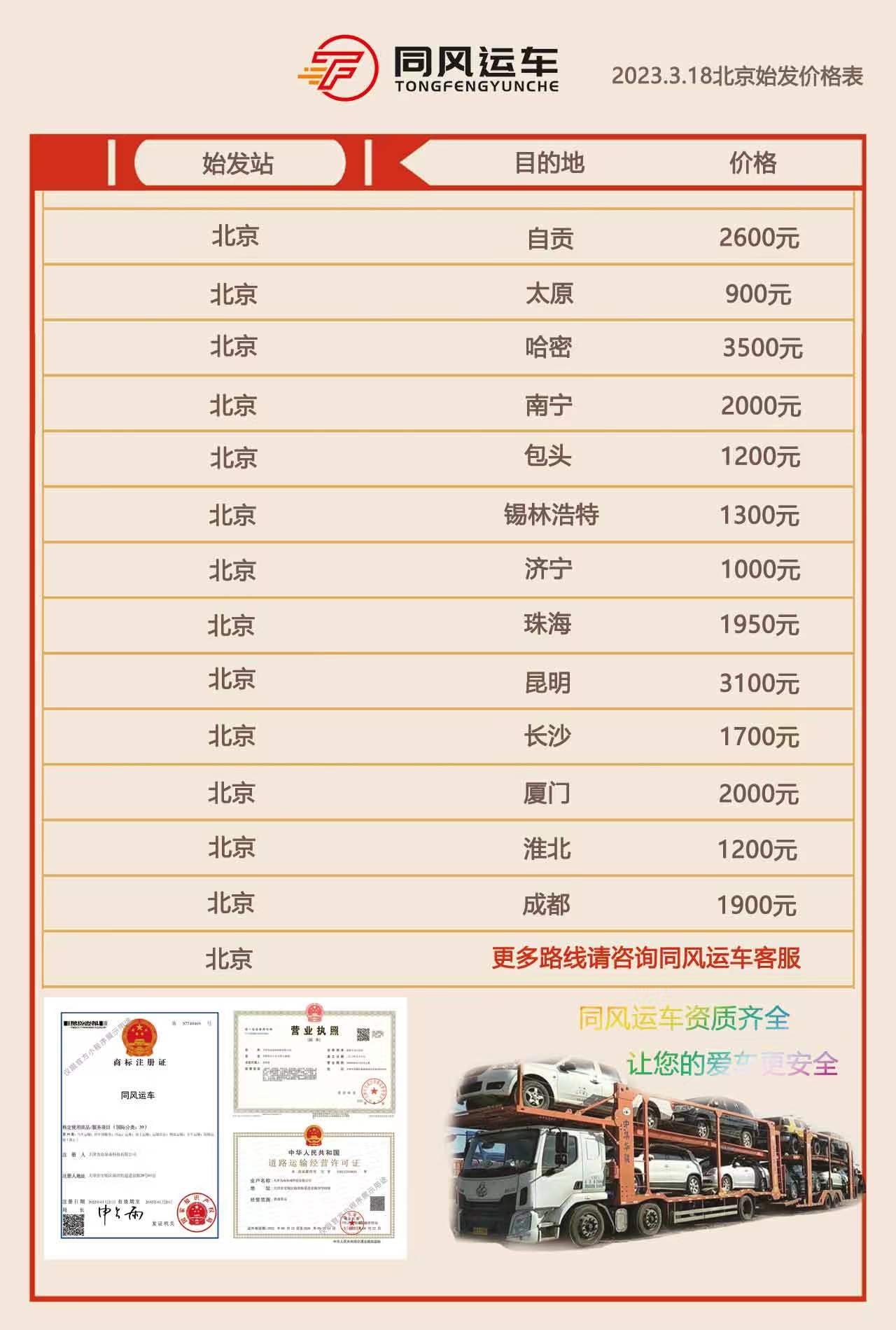 北京發往各地轎車汽車托運價格表20230318日更新